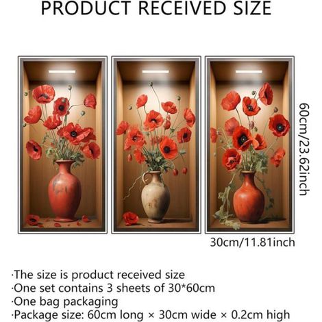 Autocollant mural 3D plantes vertes,3pcs 3D Vases Fleur Autocollants muraux Décalcomanies salon Chambre Chambre Cuisine Decor (1/4)