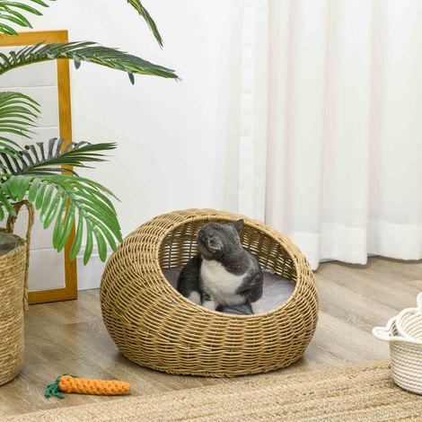 Katzenhöhle mit waschbarem Kissen, für Tiere bis 4 kg, Indoor, Kunst-Rattan, Ø50 x 31 cm, Hellbraun