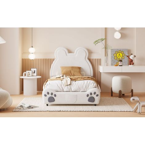 Lit enfant ours 90x200 cm, forme ours en velours doux blanc, couchage pour chambre bébé