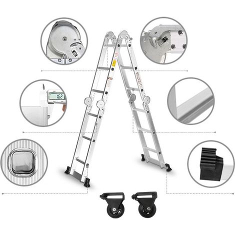 Échelle télescopique Échelle Pliant Multifonction 3.4m 6 en 1 Pliable en Aluminium avec 2 Montants 4x3 Marches Résistante à 150kg HENGMEI-DOU