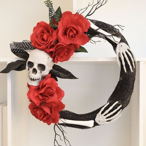 Pendentif d'Halloween - Décoration Cercle en Rotin - Roses Noires et Dorées (1/5)