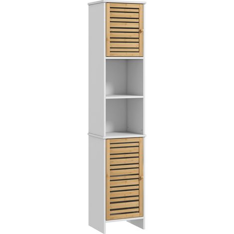 Meuble colonne salle de bain style cosy chic 2 portes étagères niches blanc bambou (1/5)