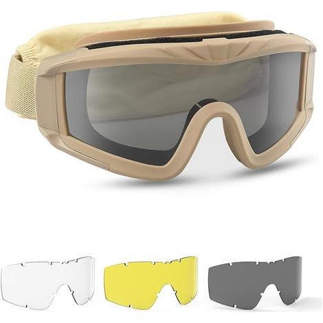Tactical military safety glasses with 3 interchangeable lenses, UV400 protection, anti-fog shooting glasses, outdoor glasses for sports, hunting, cycling, paintball, khaki color (1/5)