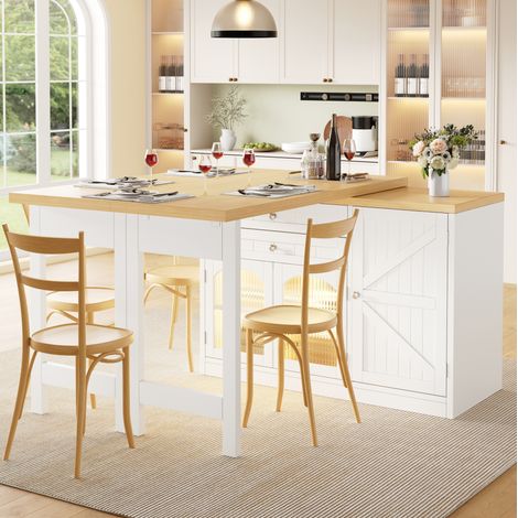 Mesa extensible isla de cocina 120-194 cm con giro 360°, blanca HAVRYA (1/5)