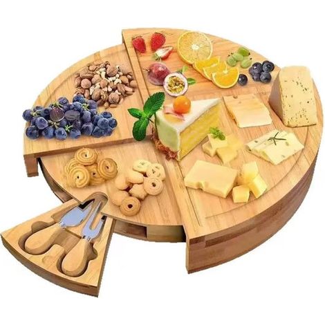 Planche à apéritif - Planche de service ronde - Planche à découper en bambou - 35 × 35 × 5 cm - Couleur bois naturel - Bambou couleur bois naturel (1/5)