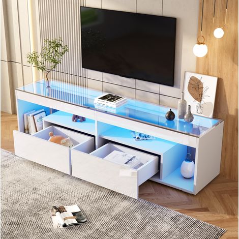 Meuble TV blanc laqué 180 x 40 x 46,5 cm avec LED, 2 tiroirs et plateau en verre HAVRYA (1/5)