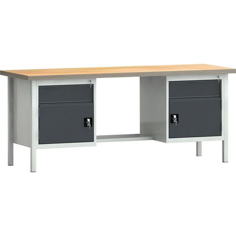 Établi PW 700 l.2000xP700xH840 mm hêtre Multiplex gris clair, RAL 7035 gris anthr., RAL 7016 2 tiroirs 2 portes