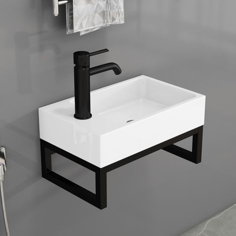 Wandwaschbecken Mini aus Keramik, 40,2 x 25,1 x 21 cm, mattweiß mit schwarzem Metallrahmen, OKMYHOME (1/5)