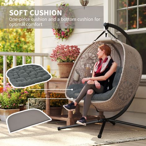 Hängesessel sur cadre, balançoire œuf avec coussin amovible lavable, hamac pour 2 personnes, fauteuil suspendu intérieur extérieur, sable+noir (1/4)