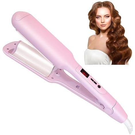 Fer à friser ondulateur plage, 25 mm baguette à boucler portable, température LCD réglable double tension, pour cheveux longs et mi-longs, rose (1/5)