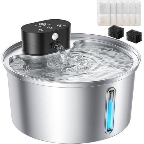 Fontaine a Eau Chat sans Fil 3,2L avec Batterie 5000mAh, Detecteur de Mouvement, INOX Fontaine à Eau pour Chat Silencieuse (1/5)