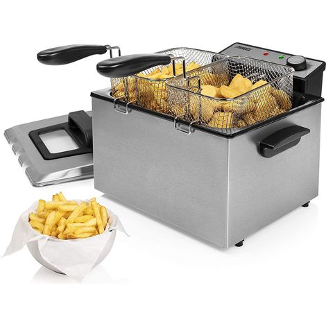 Kaltzonen Doppelfritteuse 5 Ltr. Edelstahl 3 Frittierkörbe, 3270Watt