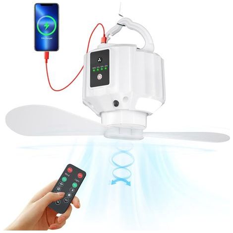 Camping fan with LED lantern, rechargeable fan for tents, remote control, hooks, detachable blades, timer, for picnics, tents, emergencies (X15-White) [Class (1/5)