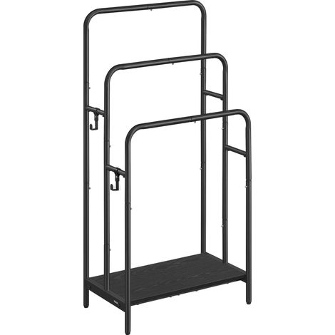 Porte Serviette Salle de Bain, Range Serviette, sur Pied, 3 Barres, 50 x 30 x 100 cm, 2 Crochets, Étagère de Rangement, Noir d’Encre et Noir Boisé (1/5)