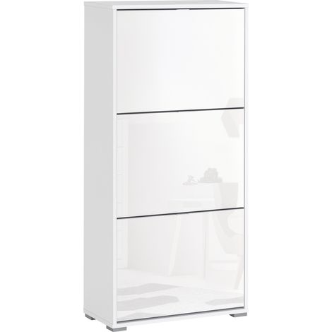 Schuhschrank, 3 Klapptüren, 3 Holzfächer, 60 x 26 x 124 cm (L x B x H), weiß lackiert