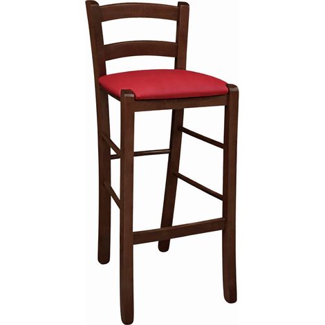 Sgabello in legno noce scuro h 67 cm con seduta imbottita in similpelle rossa