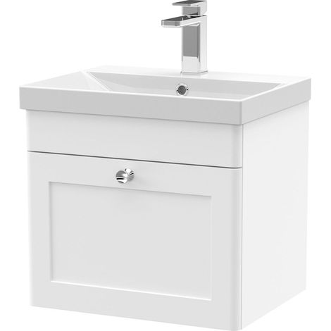 Swynnerton Traditional 1 Drawer Wall Hung Vanity Unit with Thin Edge Basin, Satin White, 500mm (1/4)