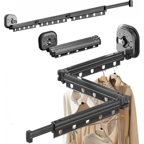 Estante de secado de ropa plegable, plegable y retráctil con 8 perchas, montado en la pared para paredes planas lisas, diseño de tres pliegues que ahorra espacio, aleación de aluminio para (1/5)