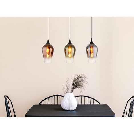 Ausgefallene LED Pendelleuchte mit drei bunten Glasschirmen, Breite 83cm (1/5)