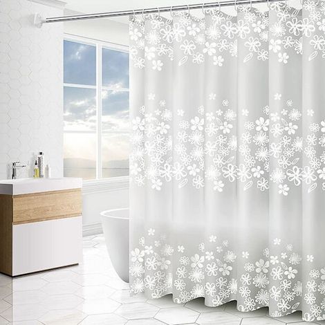 Cortina de ducha 3D translúcida de EVA, impermeable, resistente al moho, ecológica y lavable, de 180 x 200 cm (72 x 79 pulgadas), con estampado floral blanco.