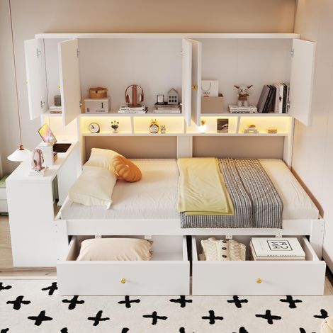 Lit Bois Multifonctionnel 90x200 Cm Et Bureau Intégré Armoires Étagères Tiroirs LED Prise Rangement Chambre Studio Appartement Petit Espace Charge 150 Kg Sans Matelas Montage Facile Meuble De Chambre (1/5)