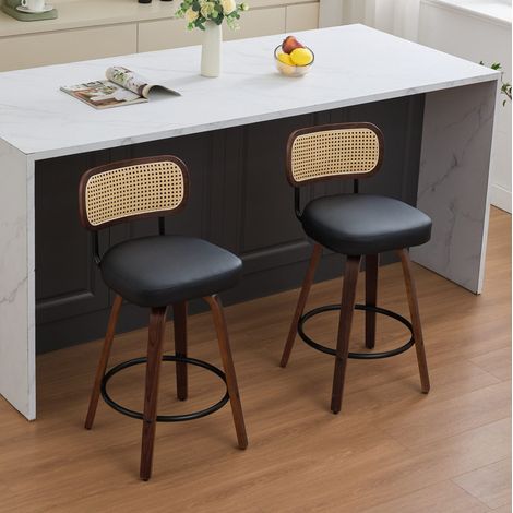 Barhocker aus Walnussholz und schwarzem PU, 360° drehbar, ventilierte Rattanlehne,56×43×90cm (1/5)