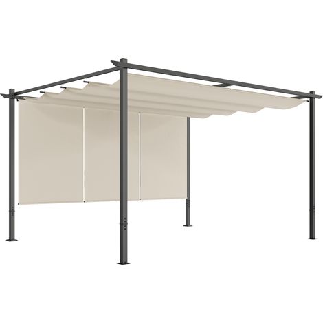 Outsunny 3 x 4m Metal Pergola with Retractable Roof and Roller Shade, Free Standing Gazebo Canopy Pergola Kit, UPF30+ Outdoor Sun Shelter, Beige