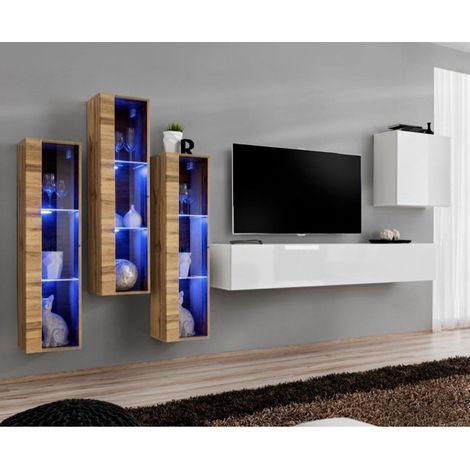Meuble TV Mural Design "Switch XIII" 330cm Blanc & Naturel (1/4)