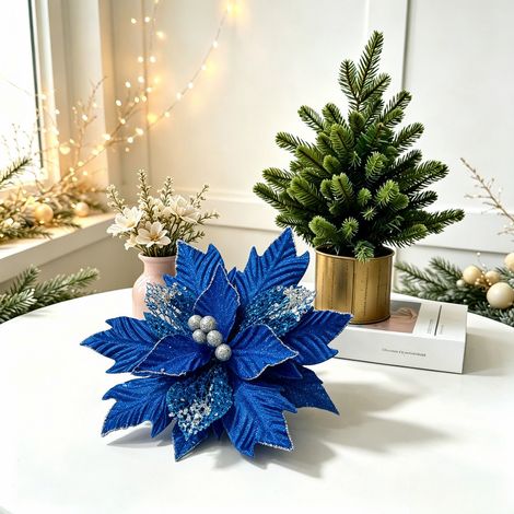 Weihnachtsdekorationen, Weihnachtsstern, Goldpuder, Perlen-Weihnachtsbaumzweige, bunte Stoffblumenköpfe, DIY-Dekorationen