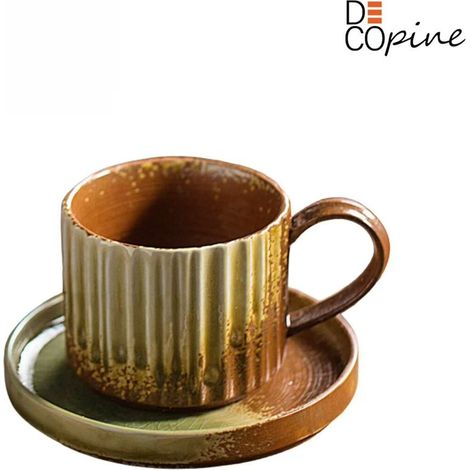 Tasse à café en céramique avec soucoupe – DECOPINE – 250 ml – Rouge brun – Style Wabi-sabi (1/4)