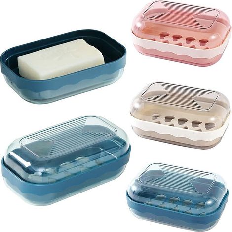 Plastic soap dish, set of 3, portable, ideal for travel, with lid, leak-proof, for bathroom, travel and camping (cream white, pink, dark blue) (1/5)