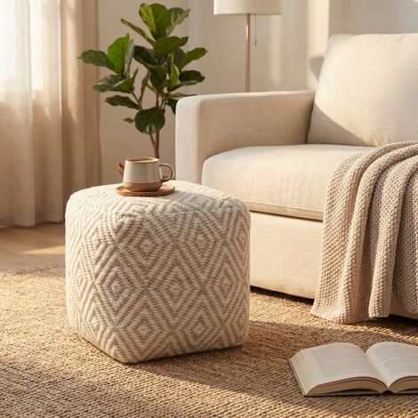 WOLF - pouf in lana avorio con decoro 40 x 40
