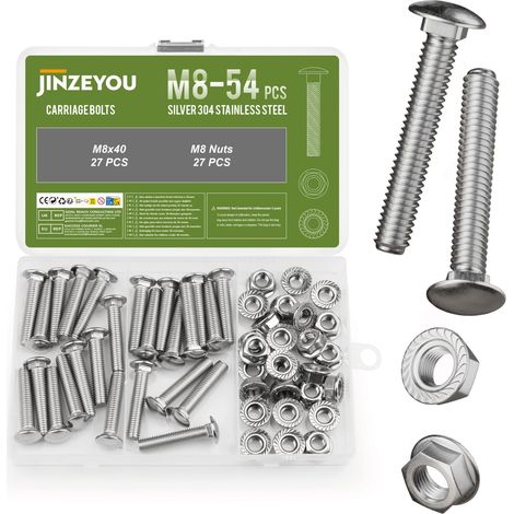 Lot de 54 vis de carrosserie M8 x 40 mm en acier inoxydable avec écrous à bride hexagonale, vis à tête bombée avec collet carré, vis de serrure à tête bombée plate avec écrous (1/5)