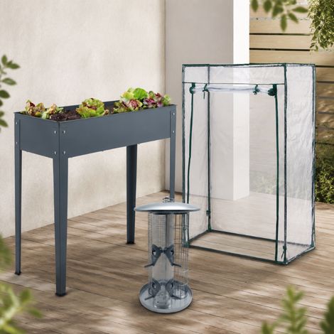 Set da giardino con aiuole rialzate (3 pezzi) – Vaso in metallo grigio, mangiatoia per uccelli 3 in 1 e serra per pomodori (1/5)