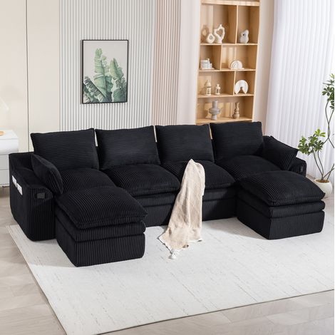 Canapé modulaire 4 places en velours côtelé noir avec 2 poufs, 335x167x85 cm (1/5)