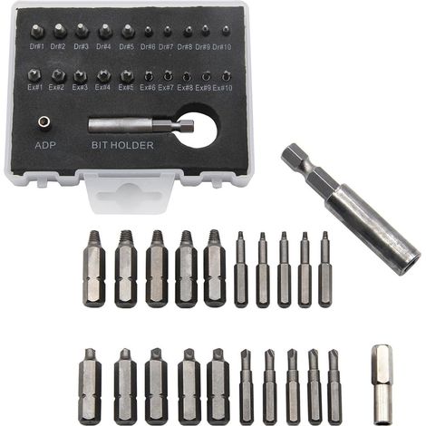 Juego de 22 extractores de tornillos dañados con caja de herramientas, soporte magnético para puntas y adaptador de casquillo, para tornillos o pernos dañados. (1/5)