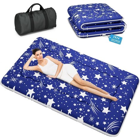 Matelas futon Portable Pliable, Tatami Pliable Japonais, Matelas de Couchage Portable pour dortoir avec Sac et Sangle, Matelas de Sol Camping Enroulable (Bleu HY1, 90X200cm) (1/5)