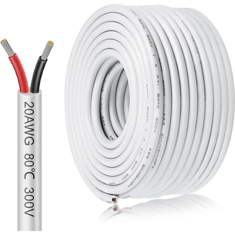 Câble électrique 20 AWG 2 conducteurs, 2×0,5 mm², 20 m, Fil en cuivre étamé blanc, 5V / 12V / 24V, 300V, Câble flexible et souple résistant à haute température pour extérieur (1/5)