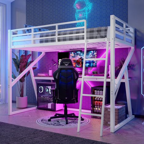 Lit mezzanine fer blanc 90x200cm bande LED rambarde escalier bureau