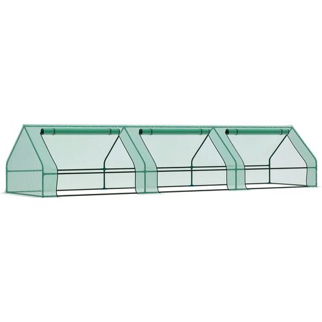 Mini-Gartengewächshaus aus Stahl und grünem Polyethylen mit 3 einziehbaren Fenstern, 400 x 100 x 80 cm