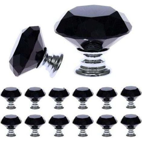 12 Pièces Noir Cristal Verre Meuble Poignées (30 mm), Bouton de Meuble avec de taille, Bouton de Porte, Tiroir de Poignée, Poignée de Portes pour Cuisine, Bureau, Chambre, Placard (1/4)