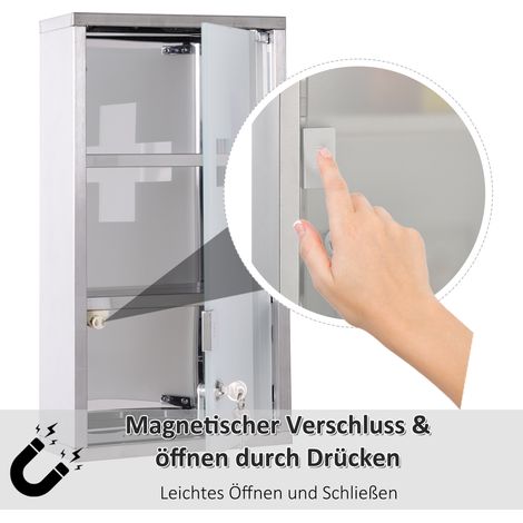 Armoire de toilette HOMCOM en acier inox, sécurisée, 3 niveaux, porte en verre, 25x12x48 cm, argenté (1/4)