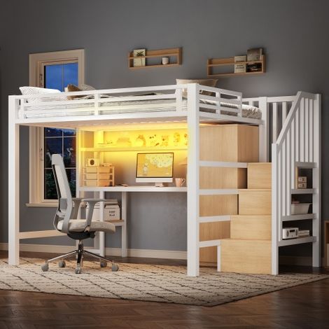 Lit mezzanine en métal 140x200 cm - Éclairage LED - Bureau et penderie intégrés - Étagères et échelle de rangement - MDF - Blanc