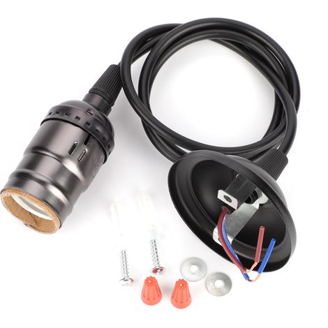 Douille de suspension vintage E27, fixation au plafond, avec fil électrique et base de lampe noire. (1/5)