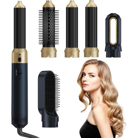 Brosse à cheveux 5-en-1, brosse chauffante multifonctionnelle, brosse coiffante, 3 températures, avec 5 accessoires, sèche-cheveux pour sécher, coiffer et donner du volume, bleu (1/5)