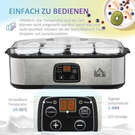 Machine à yaourt grec avec couvercle, 8 pots en verre sans BPA de 180 ml, yaourtière à écran LCD et minuterie, jusqu'à 1,4 L, 25 W, argent
