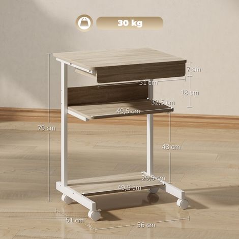 Bureau compact à roulettes avec tiroir et étagères, 4 roues pivotantes, en panneaux de particules et métal, meuble pratique pour petit espace (1/5)