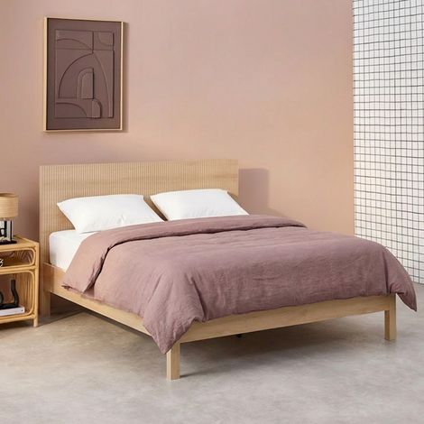 Lit avec sommier à lattes et tête de lit 140x190cm décor bois naturel - Linear