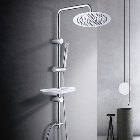 Görbach Colonna Doccia Acciaio Inox Senza Miscelatore Fori Muro Regolabili Colonna Doccia idromassaggio Asta Doccia Saliscendi Doccia con soffione a Pioggia e Porta Ogetti Mensola(D25cm) (1/5)
