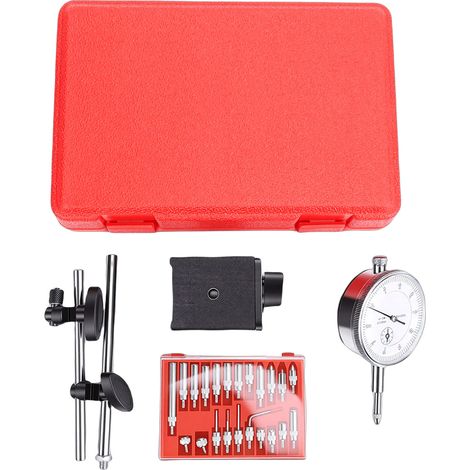 Jeu de comparateurs à cadran avec une plage de mesure de 0 à 10 mm et une précision de 0,01 mm, avec base magnétique et bras réglable pour une utilisation en atelier ou en laboratoire. (1/5)
